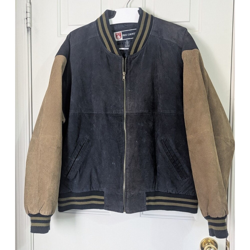 VTG Free Country Suede Varsity Bomber Jacket Mens 2XL Navy Tan Streetwear Retro